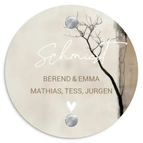 Boomsilhouet beige achtergrond - Sierlijk Naambord Rond klein -3d