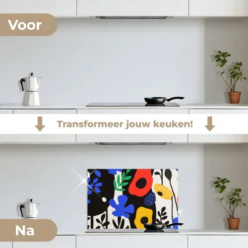 Bloemen - Bladeren - Abstract - Zwart keuken achterwand spatscherm klein -voor_na_NL