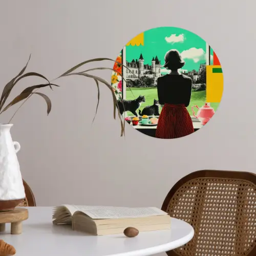 Vrouw - Keuken - Katten - Doorkijk Wandcirkel behangsticker klein -sfeer3