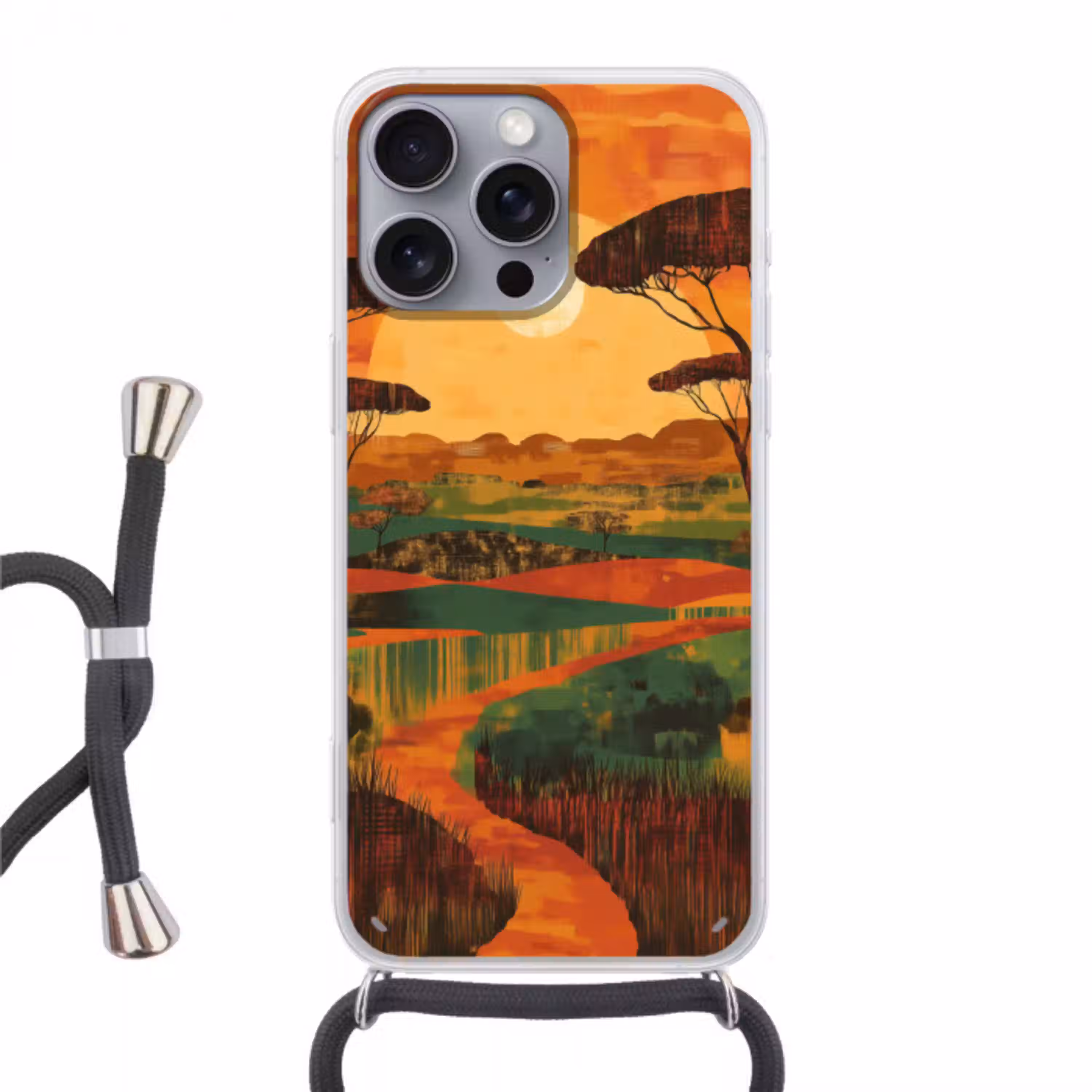Landschap - Afrikaans - Zon Hoesje iPhone 16 Pro Max met koord klein -3d