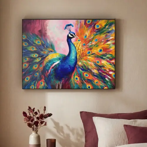 Pauw - Dieren - Schilderij - Regenboog Textielframe zwart klein -sfeer1