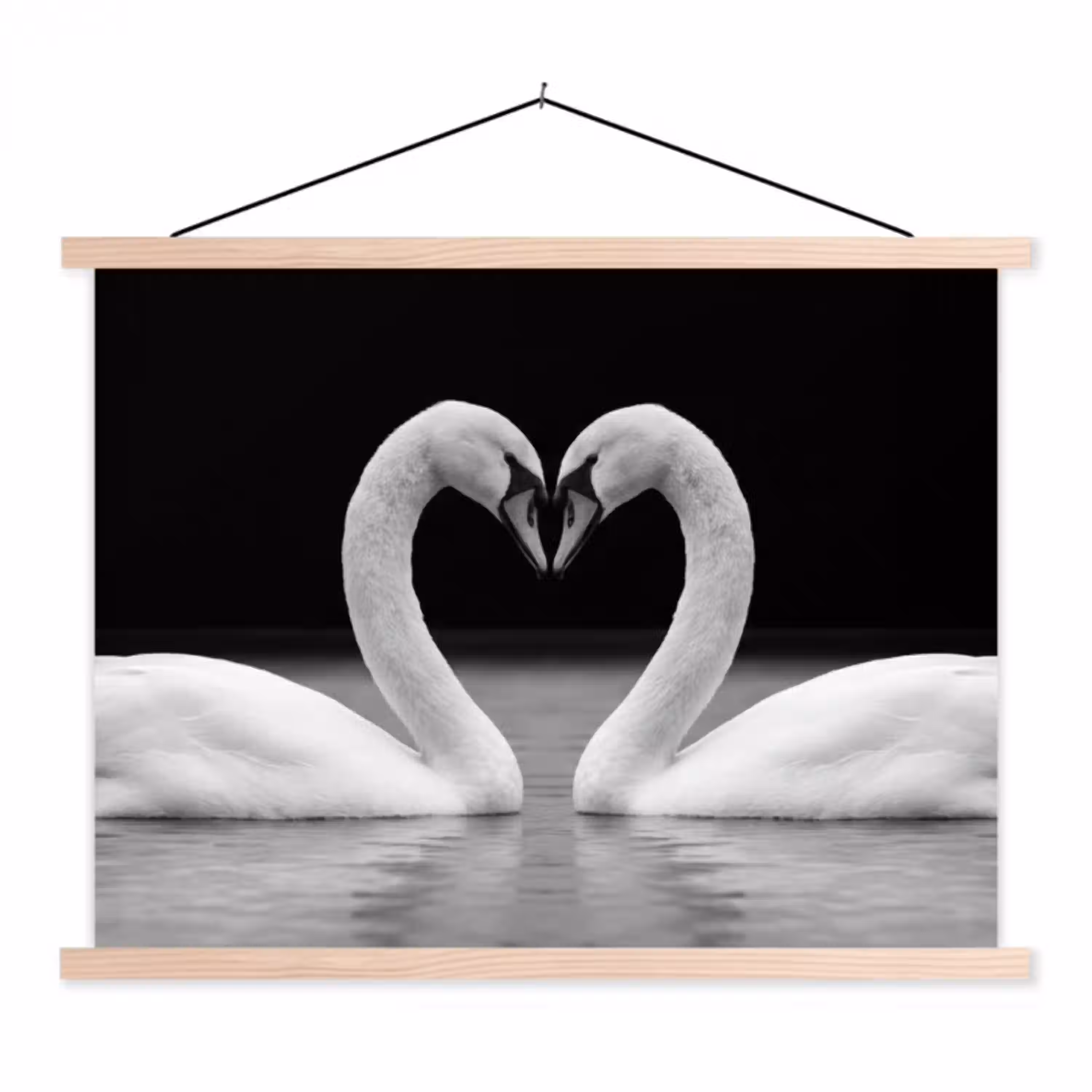 Zwanen - Hart - Zwart - Wit textielposter latten blank klein -3d
