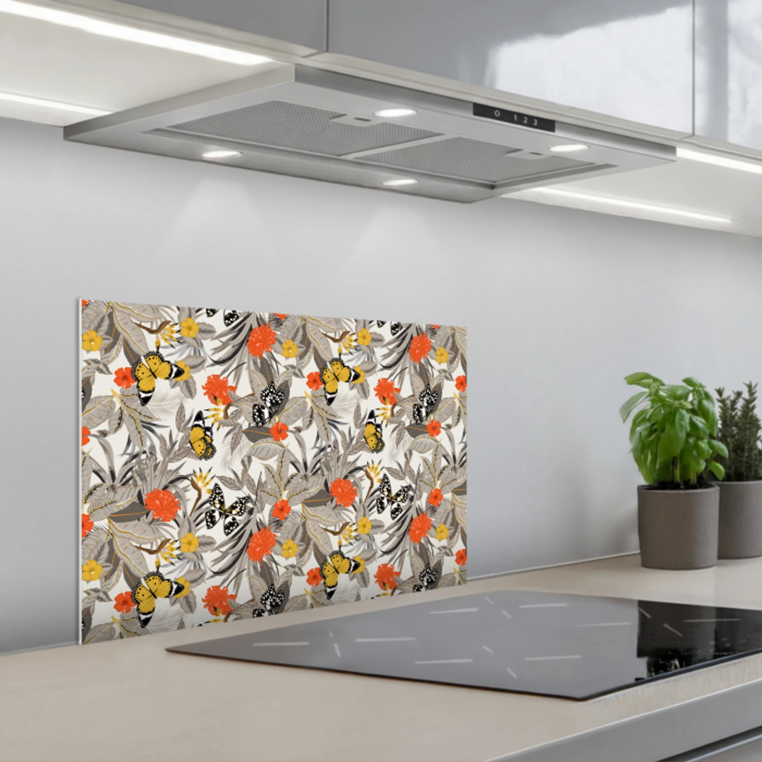 Tropisch - Zomer - Vlinder - Bloemen keuken achterwand spatscherm klein 900 -3d_schuin