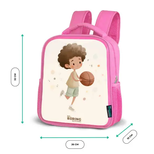 Jongen met een basketbal in beige kleuren Kinderrugzak - Roze middel -productfoto_formaten