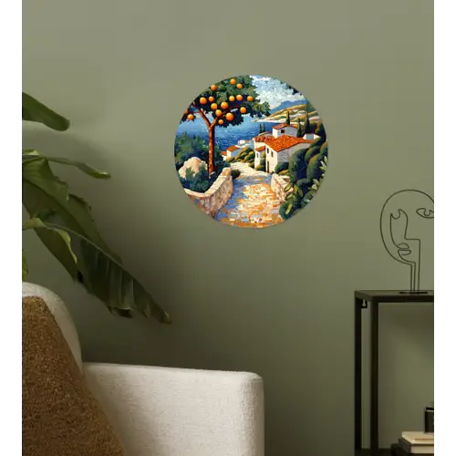 Huizen - Mozaïek - Sinaasappelbomen - Zee Wandcirkel behangsticker klein -sfeer2