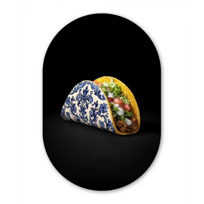 Taco - Vlees - Salade - Delftsblauw - Motief Wandcirkel Ovaal Glas middel -3d