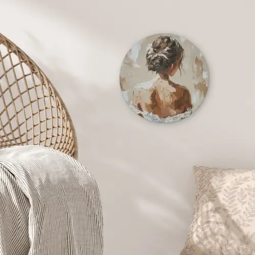 Vrouw - Verf - Abstract - Beige - Modern Akoestische PET Vilt - Rond klein -sfeer4
