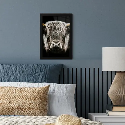 Schotse hooglander - Goud - Hoorns - Zwart wit - Koe - Dieren fotolijst zwart zonder passe partout klein -sfeer3