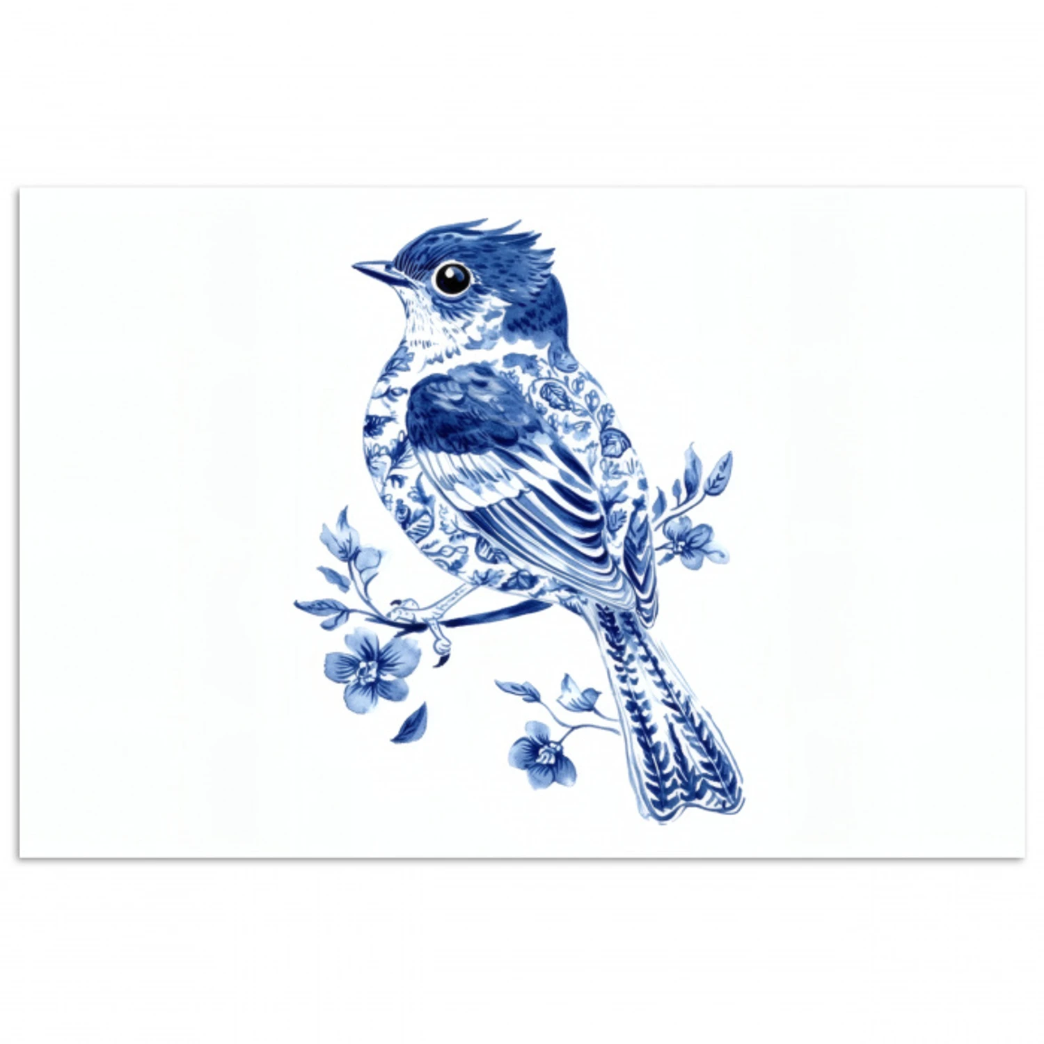 Vogel - Delfts blauw - Illustratie - Bloemen poster papier klein -3d