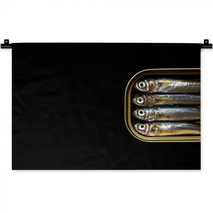 Sardines - Blik - Zwart - Vissen Wandkleed katoen klein -zz3d