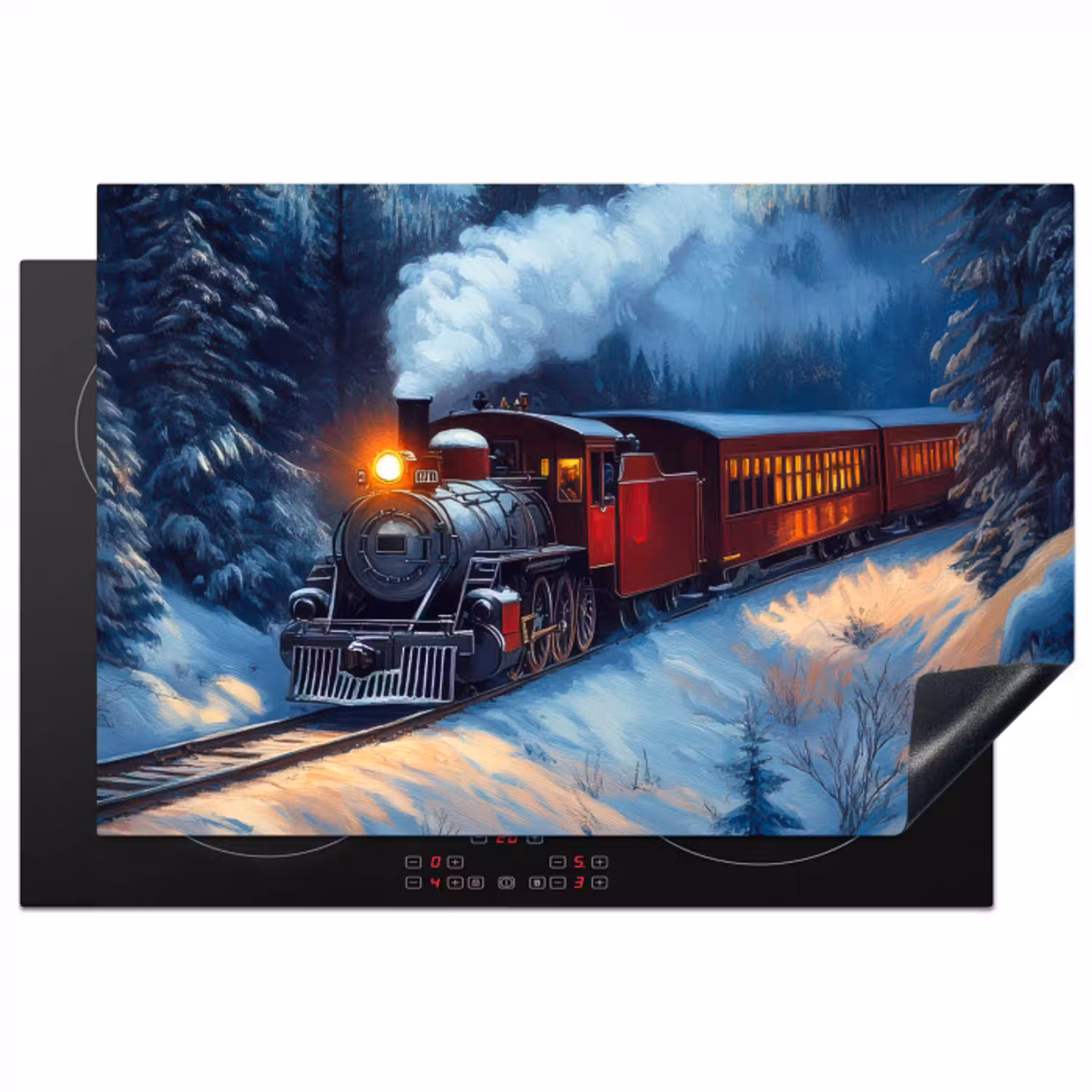 Trein - Kerst - Sneeuw - Kersttrein Inductie beschermer vinyl 3mm klein -3d