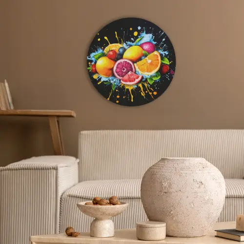 Fruit - Graffiti - Kleurrijk - Sinaasappel - Aardbei - Abstract Akoestische PET Vilt - Rond klein -sfeer1