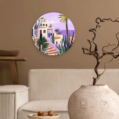 Huizen - Minimalistisch - Palmbomen - Kust Wandcirkel kunststof plaat 5mm dik klein -sfeer1