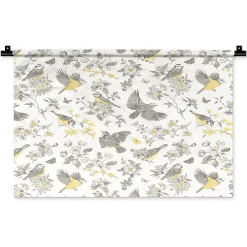 Birds - Flowers - Gray - Yellow Wandkleed katoen klein 269 -zz3d
