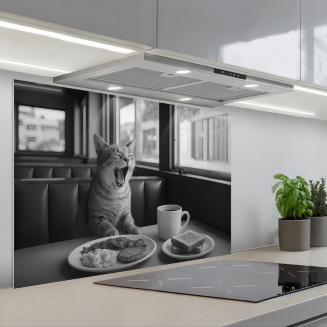 Spatscherm keuken - Kat - Koffie - Brood - Zwart