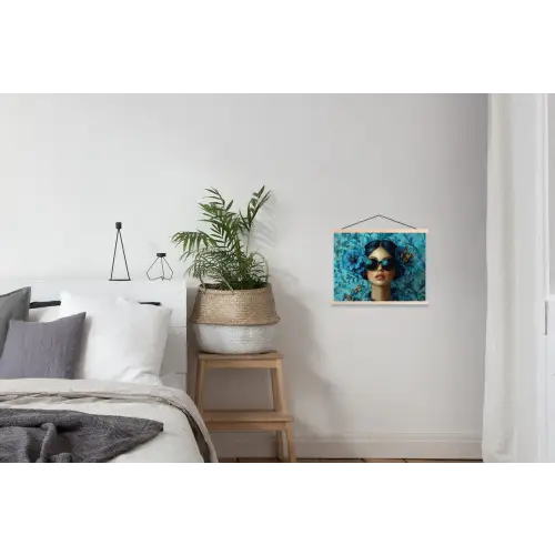 Vrouw - Bloemen - Vlinders - Blauw - Abstract textielposter latten blank klein -woonkamer