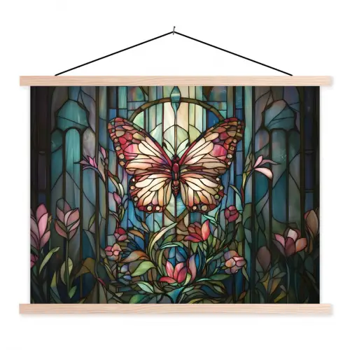 Vlinder - Roze - Bloemen - Bladeren textielposter latten blank klein -3d
