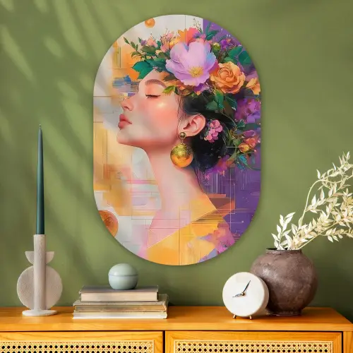 Abstract - Vrouw - Bloemenkroon - Goud Wandcirkel Ovaal Glas middel -sfeer2