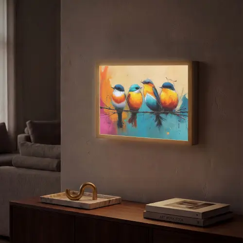 Vogels - Kleurrijk - Tak - Abstract Light Box met batterij (Wandlamp) middel -sfeer1