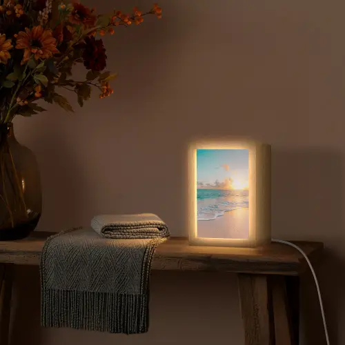 Zonsondergang - Strand - Zee - Zomer - Blauw Light Box met kabel (Tafellamp) klein -sfeer4