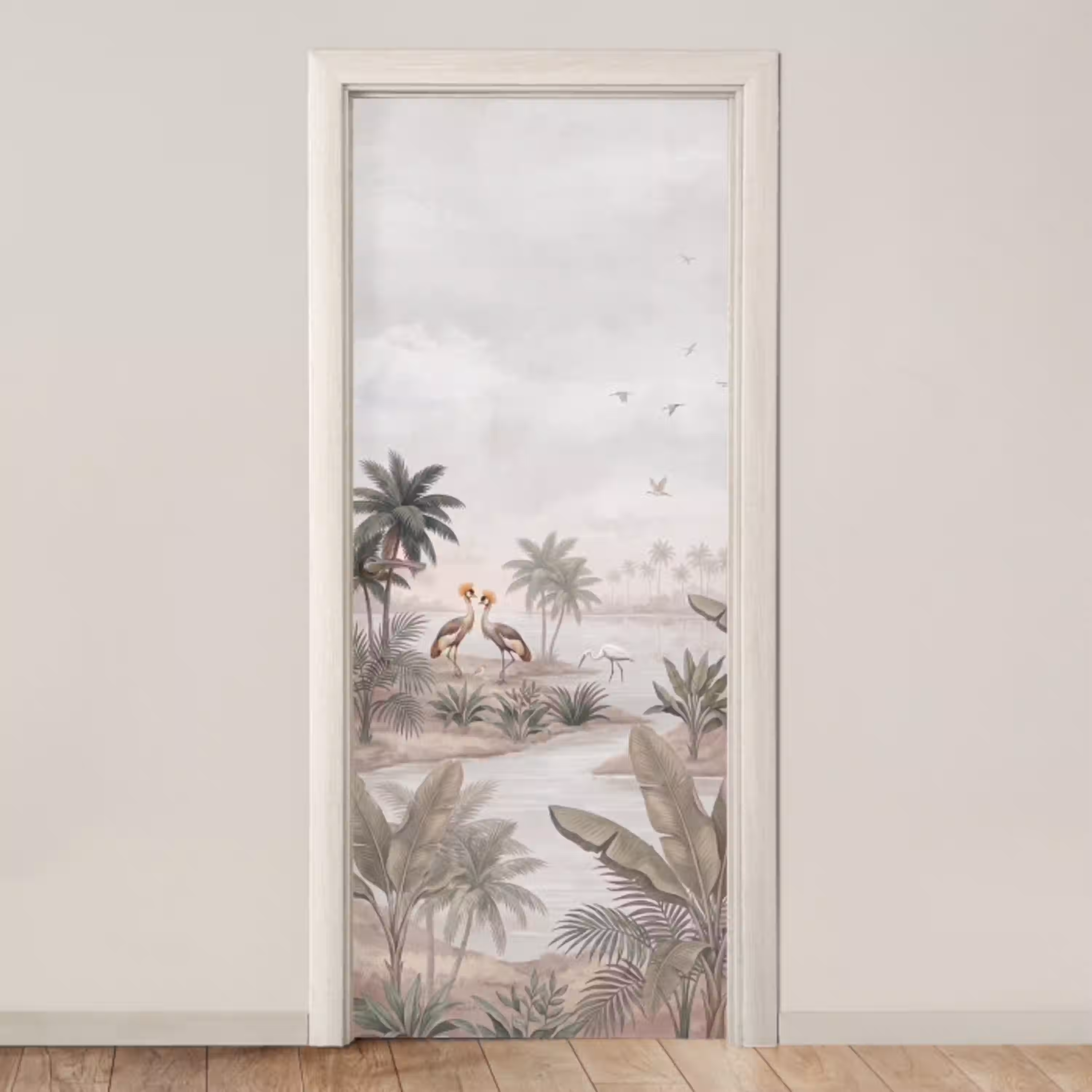 Kraanvogels - Palmbomen - Tropisch deurposter klein -3d_beige