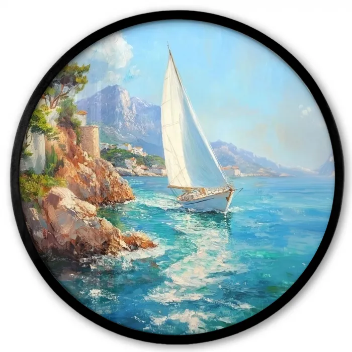 Zeilboot - Rotsen - Kust - Huizen Fotolijst rond zonder passe partout klein -3d