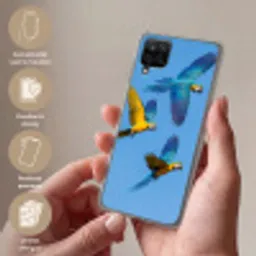 Papagaai - Vliegen - Blauw - Geel Telefoonhoesje Samsung Galaxy A12 klein -sfeer3_NL