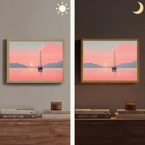 Zeilboot - Roze zee - Zonsondergang - Bergen Light Box met batterij (Wandlamp) middel -sfeer3