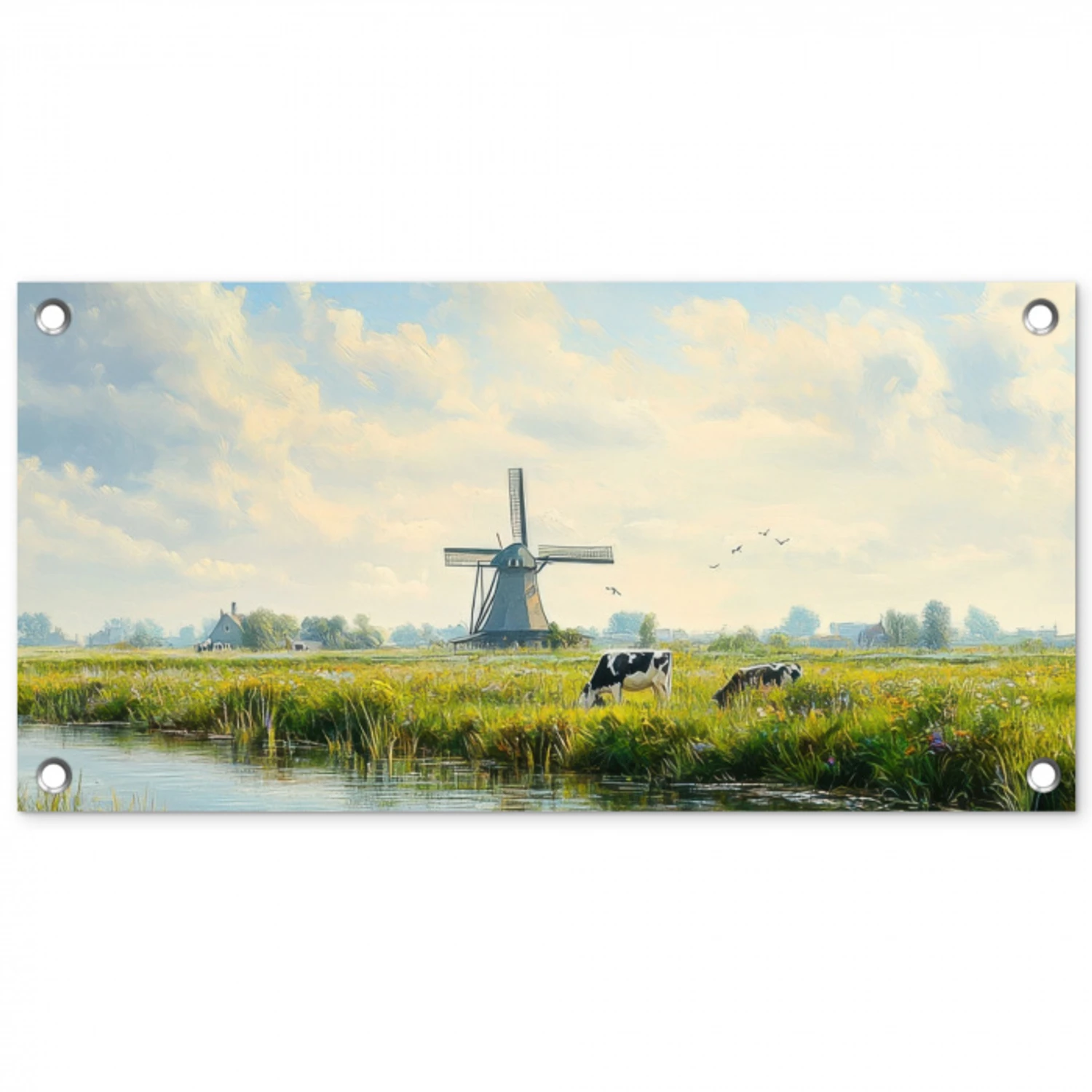 Koeien - Windmolen - Weide - Blauw tuinposter los doek klein -3d