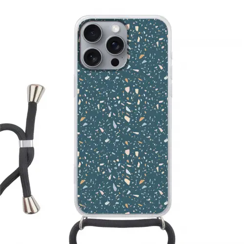 Terrazzo -  Patroon - Kleurrijk - Diep blauw Hoesje iPhone 16 Pro Max met koord klein 804 -3d