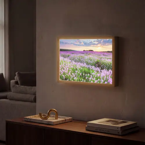 Lavendel - Bloemen - Zonsondergang - Paars - Weide Light Box met batterij (Wandlamp) middel -sfeer1