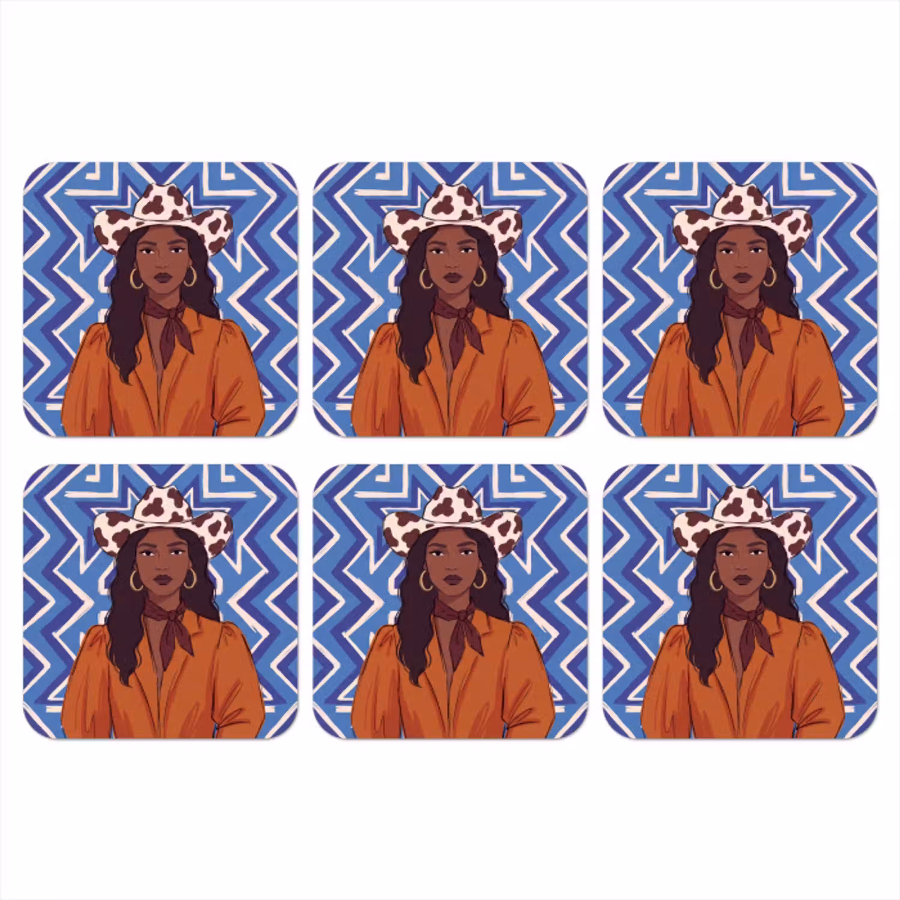 Vrouw - Cowboyhoed - Portret - Modern - Blauw onderzetter kurk middel -3d