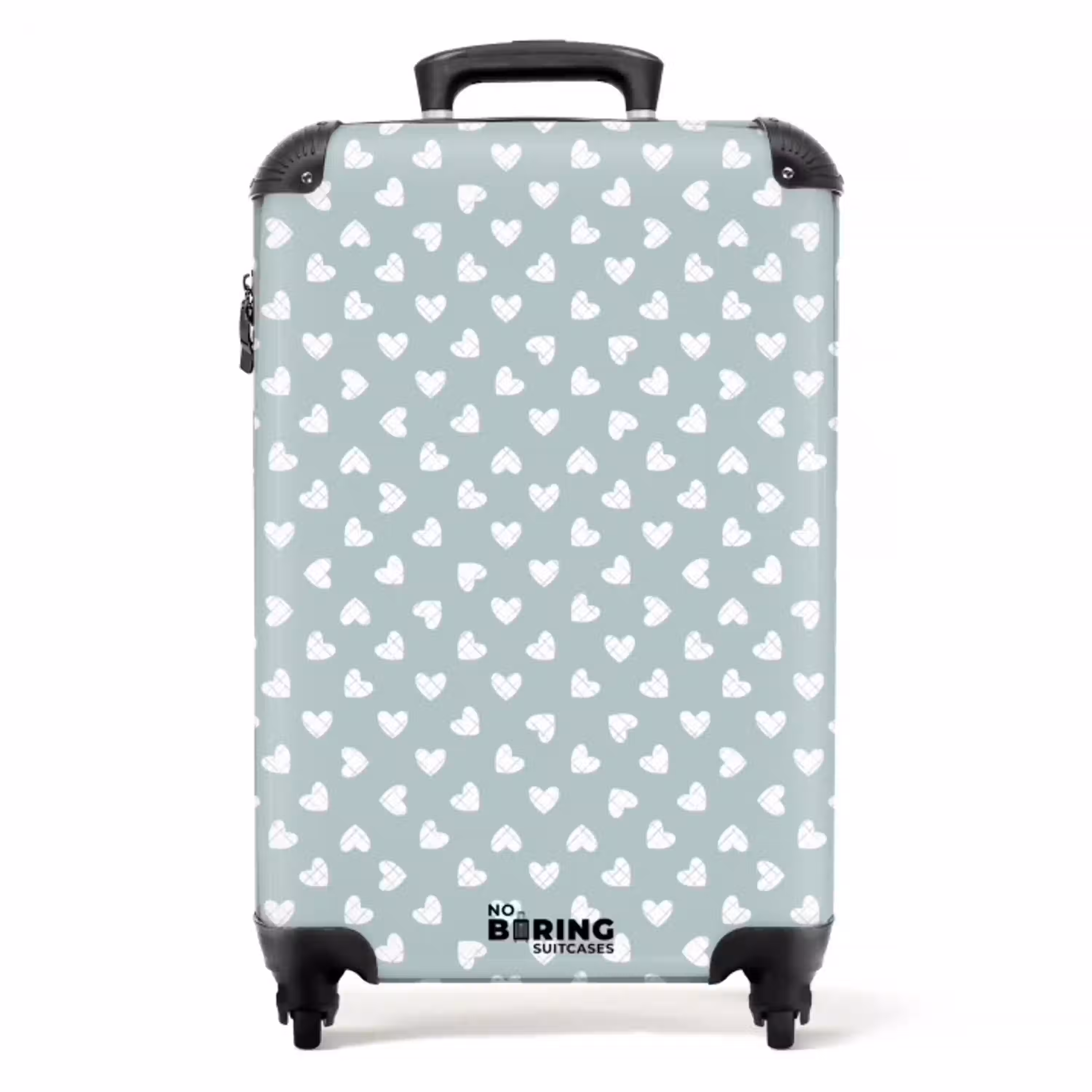 Grijsgroene achtergrond met witte hartjes NBS - Handbagage koffer - Volwassenen Unisex middel -productfoto_recht