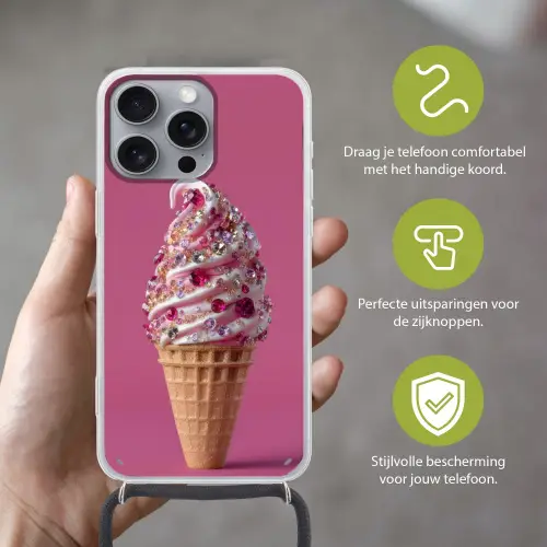 Softijs - Edelstenen - Roze - Hoorntje Hoesje iPhone 16 Pro Max met koord klein -sfeer2_NL