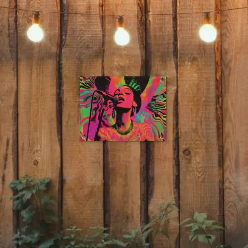 Vrouw - Microfoon - Neon tuinposter los doek klein -sfeer1