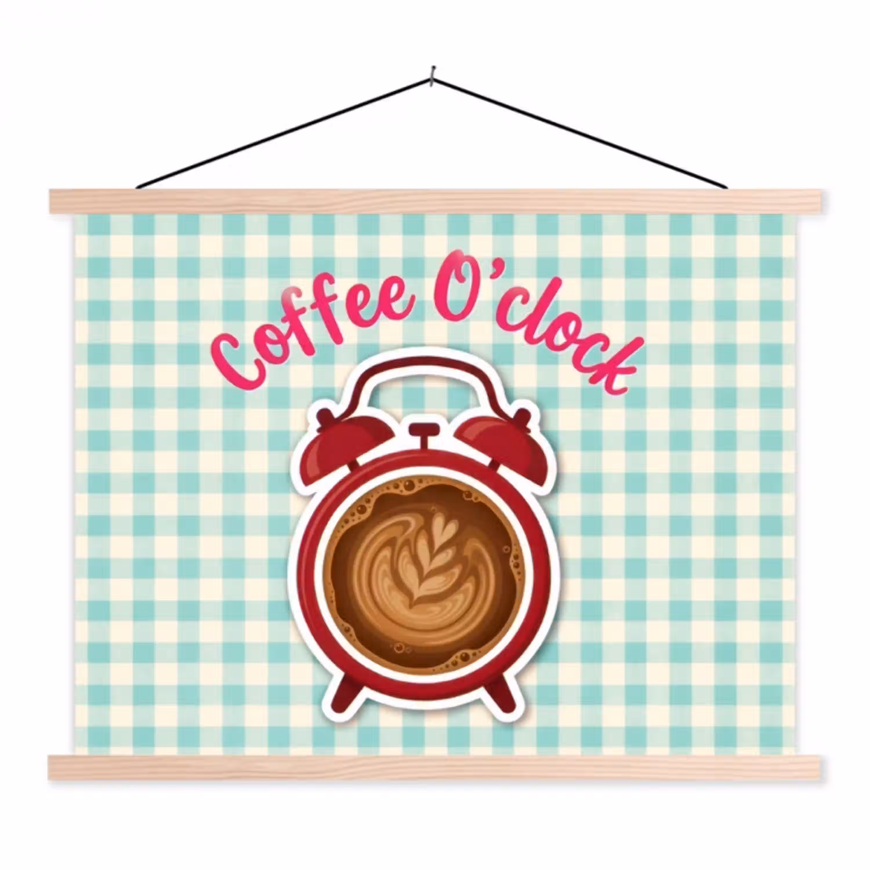 Koffie - Klok - Groen textielposter latten blank klein -3d