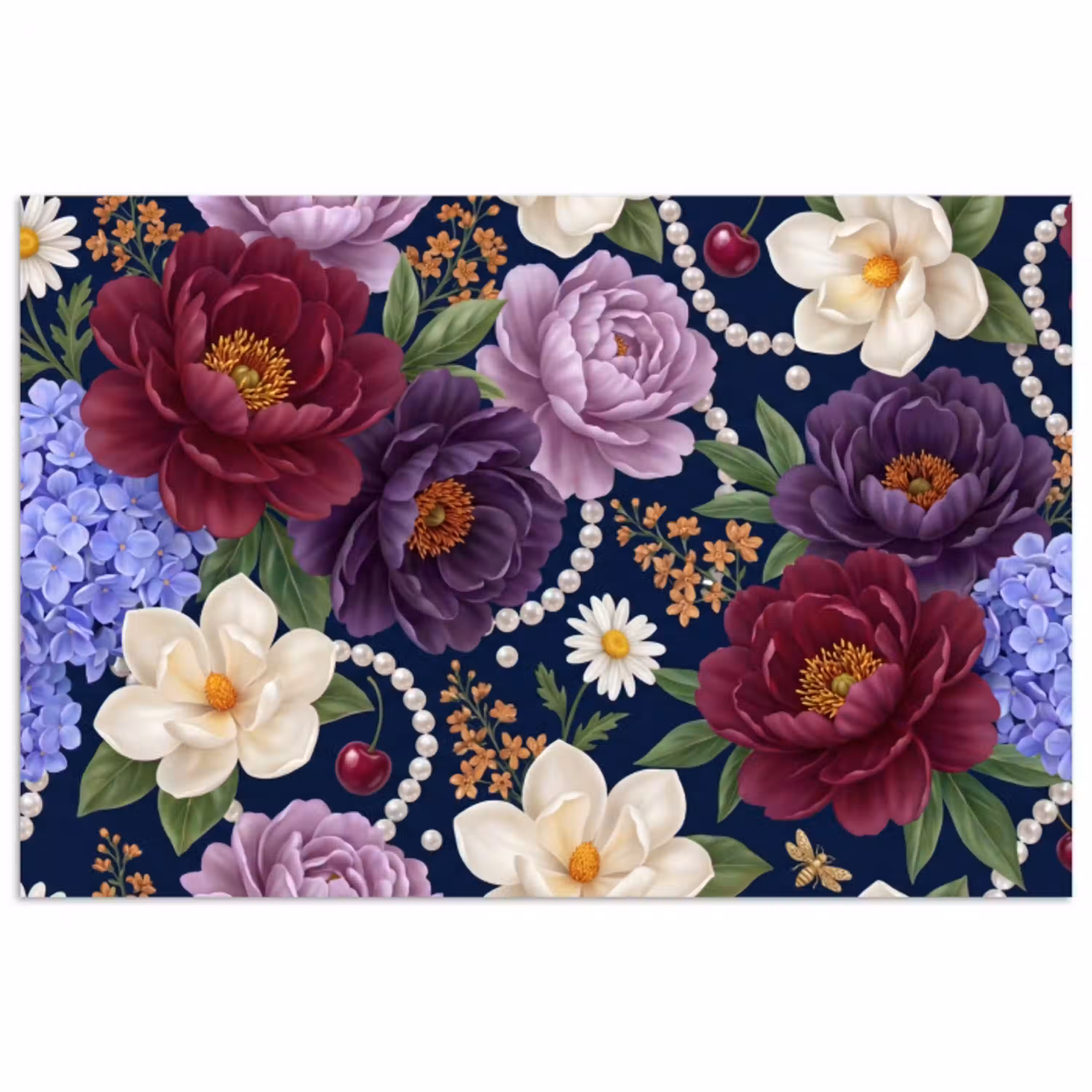 Bloemen - Parels - Decoratie - Modern - Blauw poster papier klein -3d