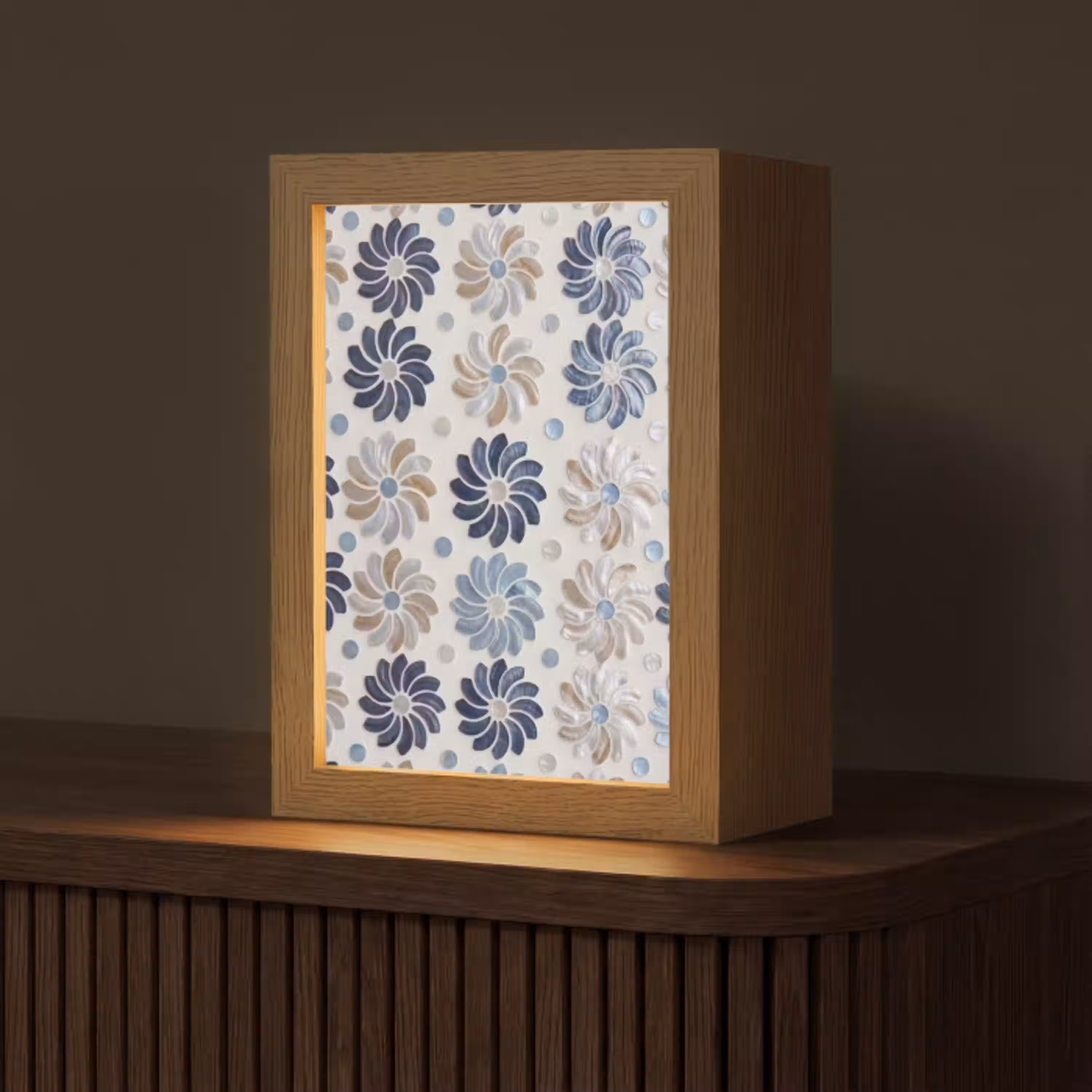 Bloemen - Parelmoer - Abstract - Patroon - Blauw Light Box met kabel (Tafellamp) klein -z3d_website
