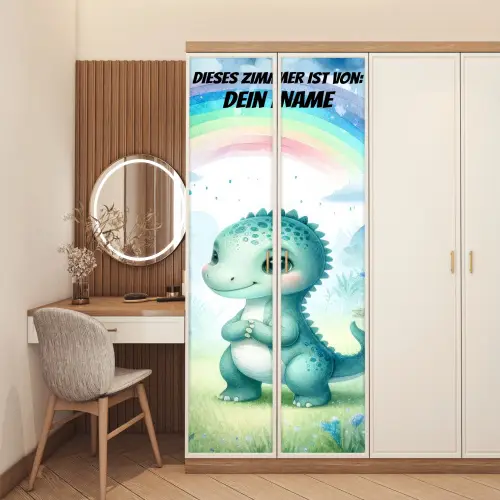 Niedlicher Dino unter Regenbogen im Aquarellstil. deurposter klein -sfeer3