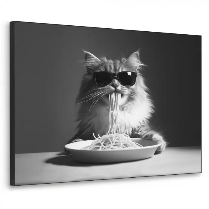 Langharige kat - Zonnebril - Spaghetti - Humor - Zwart - wit Textielframe zwart klein -3d