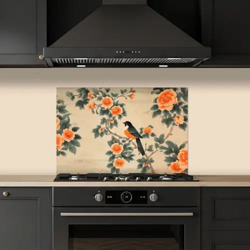 Vogel - Tak - Bloemen - Oranje keuken achterwand spatscherm klein -sfeer1