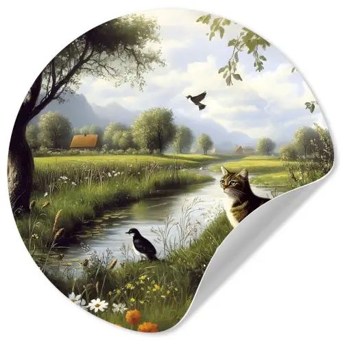Kat - Beekje - Weide Wandcirkel behangsticker klein -3d
