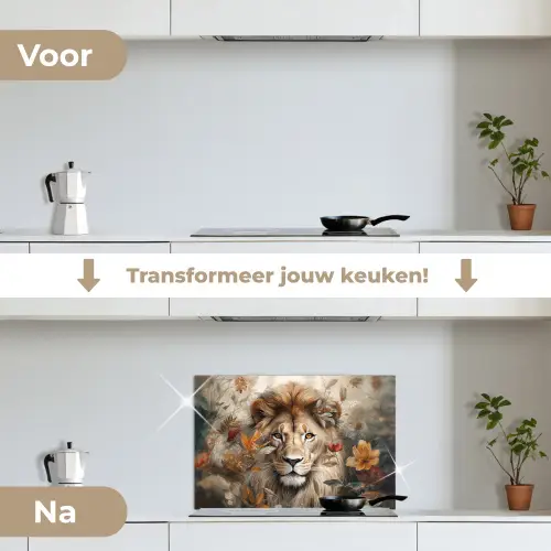 Leeuw - Wilde dieren - Planten - Natuur - Bloemen keuken achterwand spatscherm klein -voor_na_NL