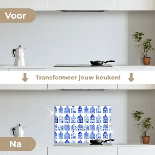 Patroon - Huizen - Blauw keuken achterwand spatscherm klein 900 -voor_na_NL
