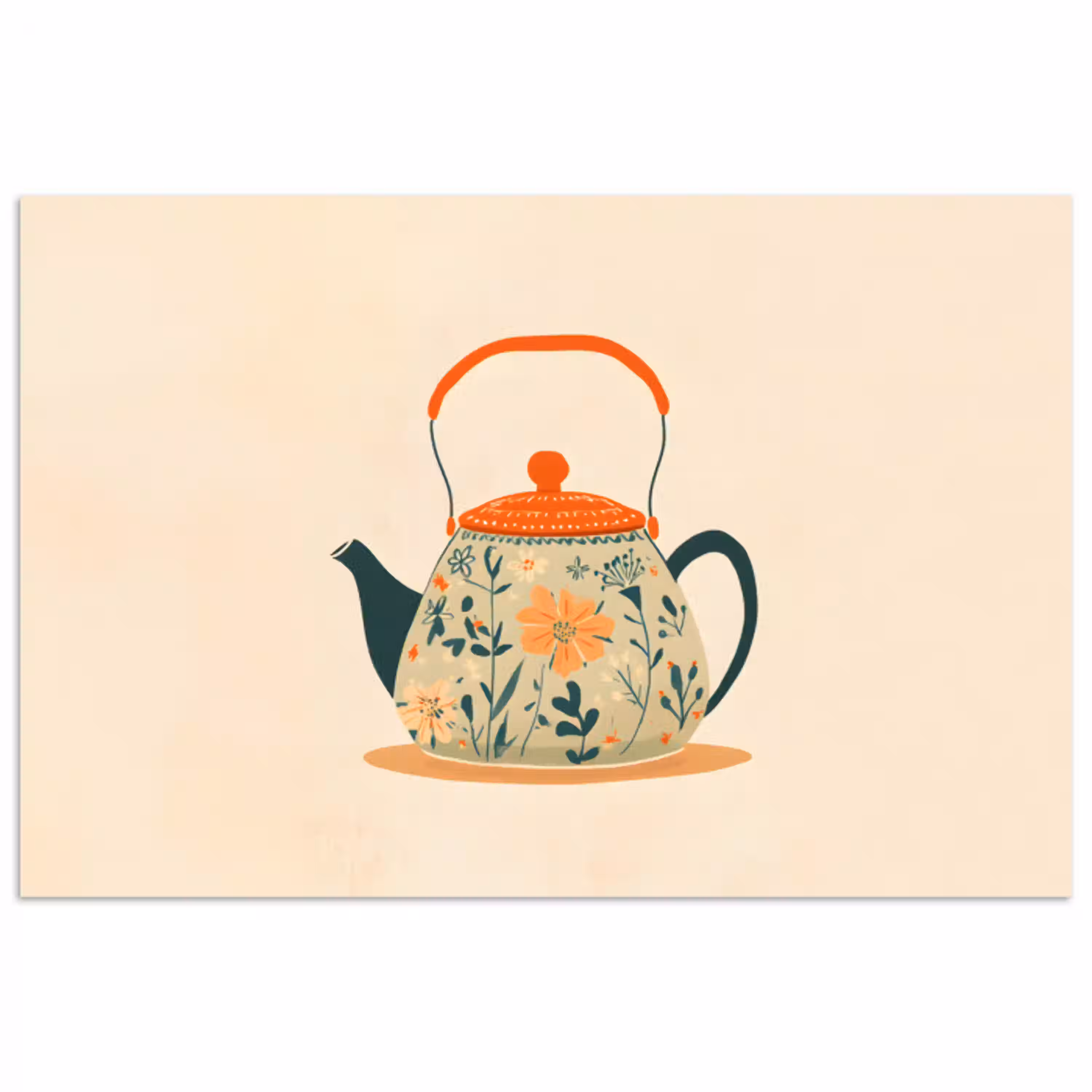 Oranje - Theepot - Bloemen - Bladeren poster papier klein -3d