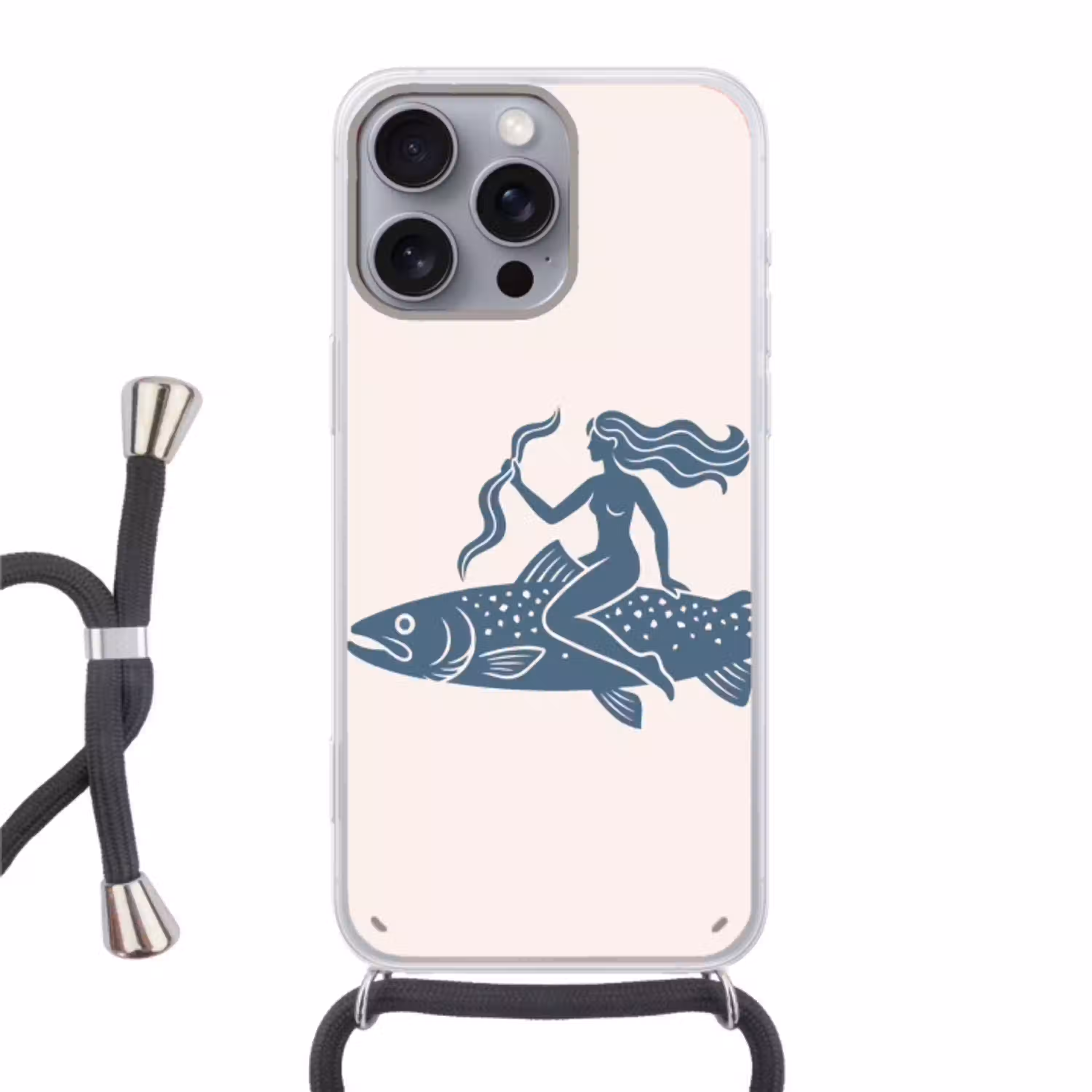 Vrouw - Vis - Fantasie - Abstract - Blauw Hoesje iPhone 16 Pro Max met koord klein -3d