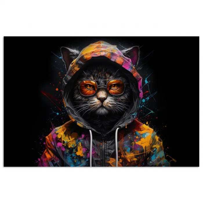 Kat - Jas - Graffiti - Bril - Zwart poster papier klein -3d