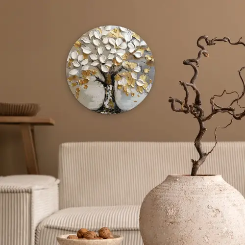 Boom - Beige - Grijs - Goud - Abstract Wandcirkel kunststof plaat 5mm dik klein -sfeer1