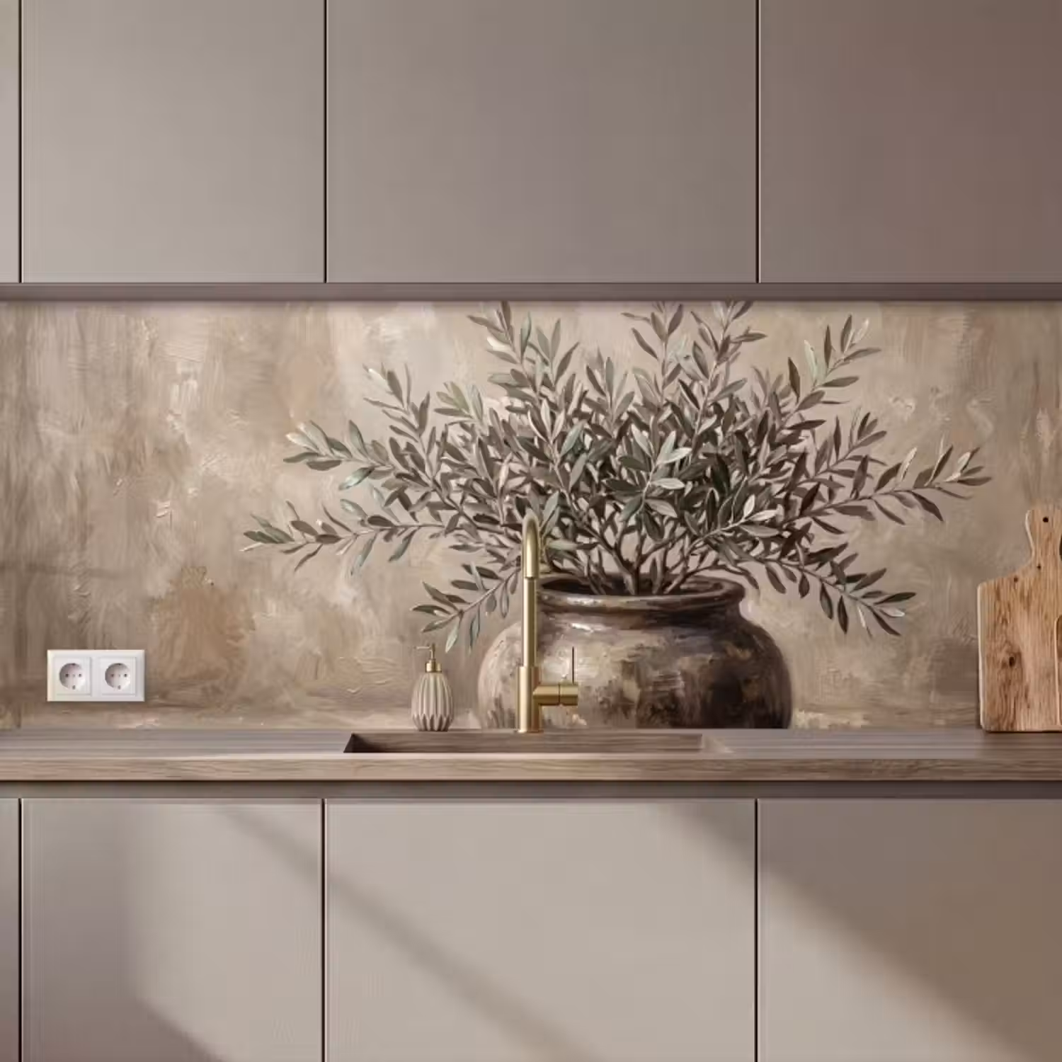 Kitchen Wall Splashback - Olive Plant - Earth Pot - Abstract - Beige