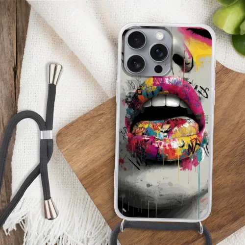 Lippen - Graffiti - Expressief Hoesje iPhone 16 Pro Max met koord klein -sfeer4